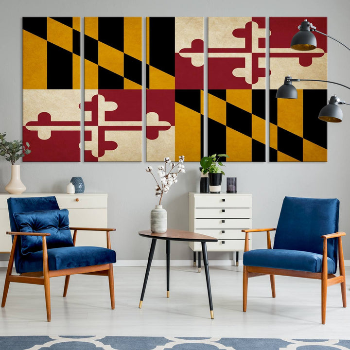 The Maryland Flag Wall Art Canvas Print, boasting a UV-protective coating for vibrant colors and durability, is a museum-quality piece offered with free shipping, making it the perfect addition to your space.