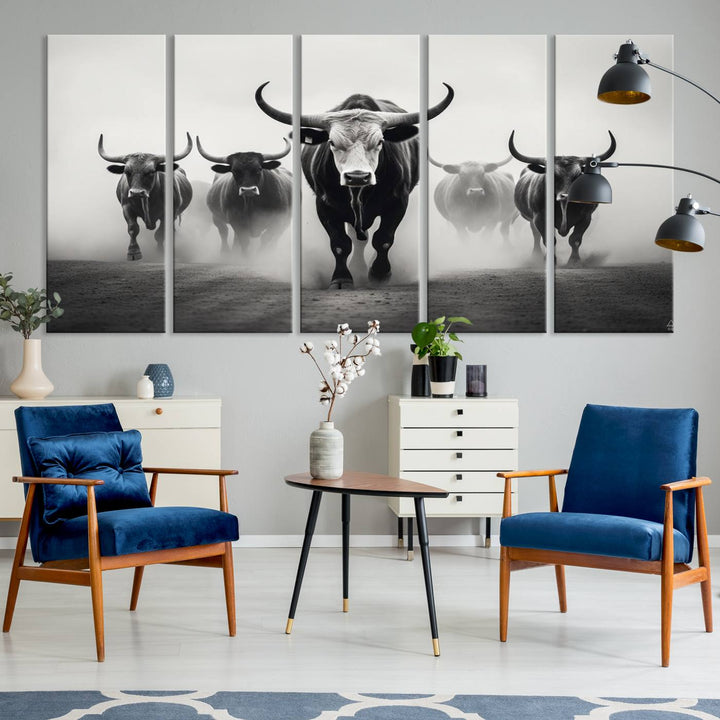 The Texas Longhorn Cow Animal Wall Art Canvas Print beautifully embellishes the area with its depiction of longhorn cattle in a misty setting, seamlessly integrating Western decor into the space.