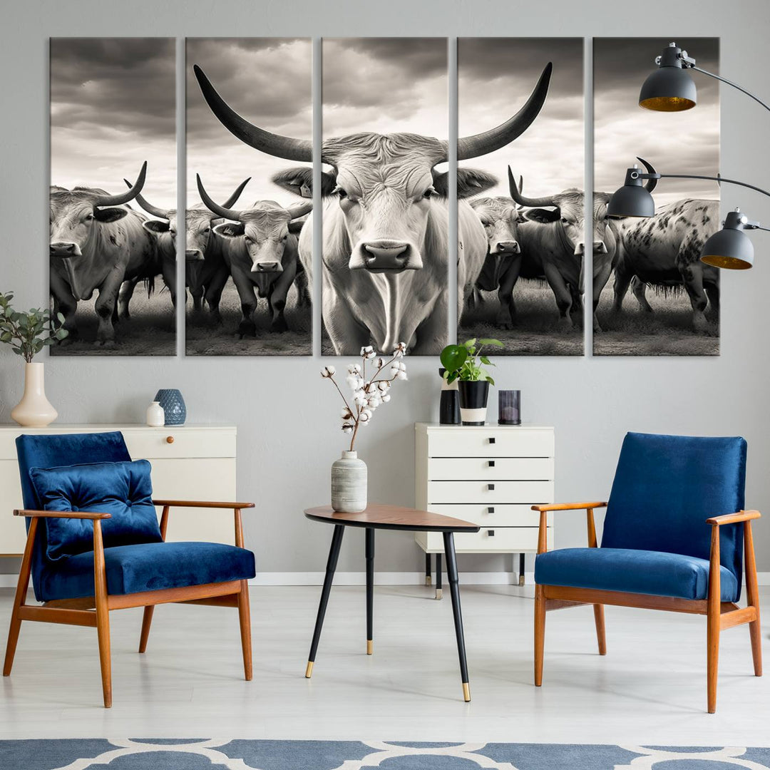 A Texas Longhorn Cow Animal Wall Art Canvas Print introduces a Western-themed accent.