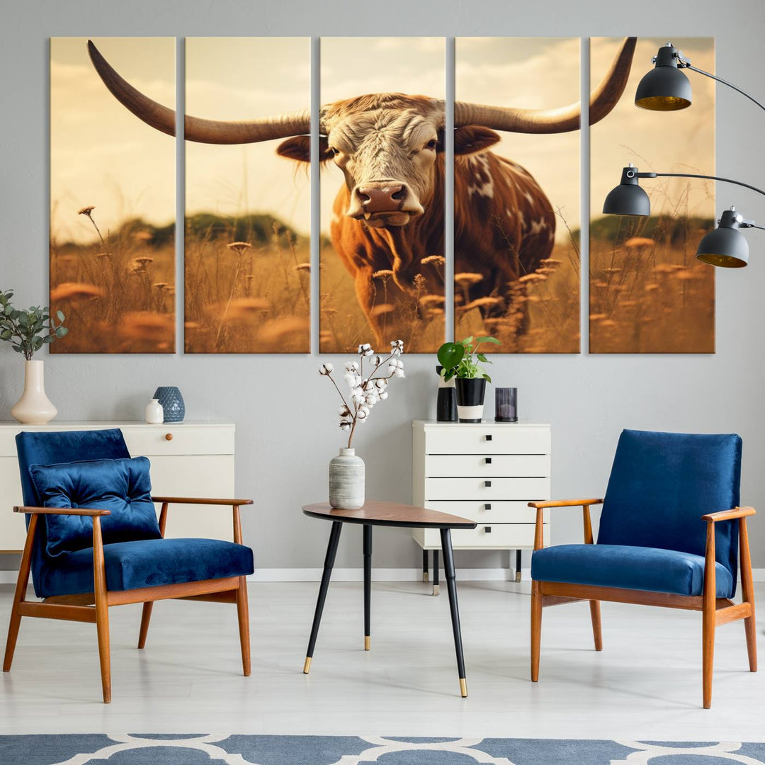 Cow Bighorn Wall Art Canvas Print, Longhorn Texas Cow Animal Canvas Print