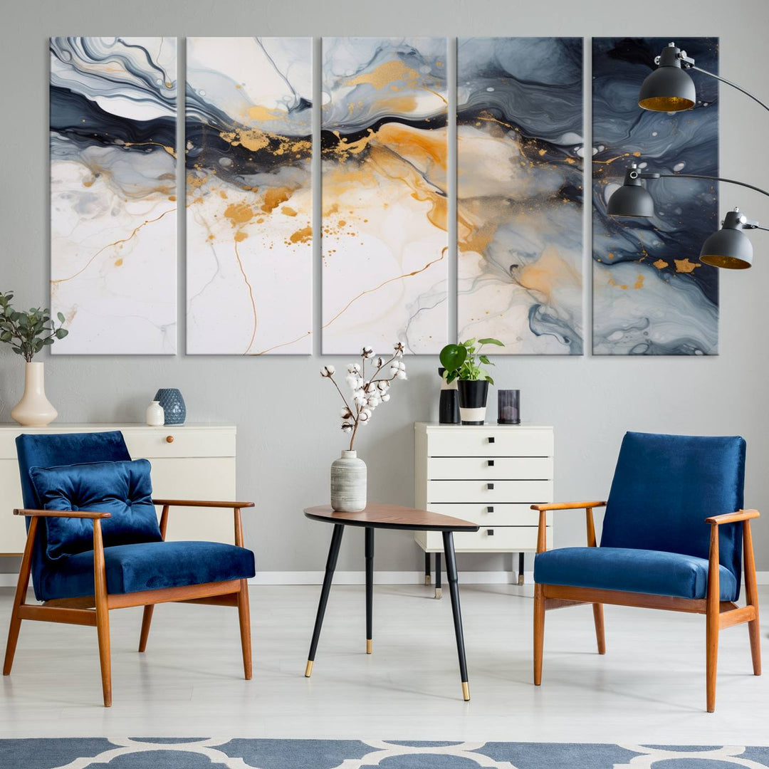 The Dark Blue and Orange Abstract Wall Art, featuring museum-quality canvas with captivating dark and golden swirls, is ready to hang and boasts a UV-protective coating to ensure enduring vibrancy and sophistication.