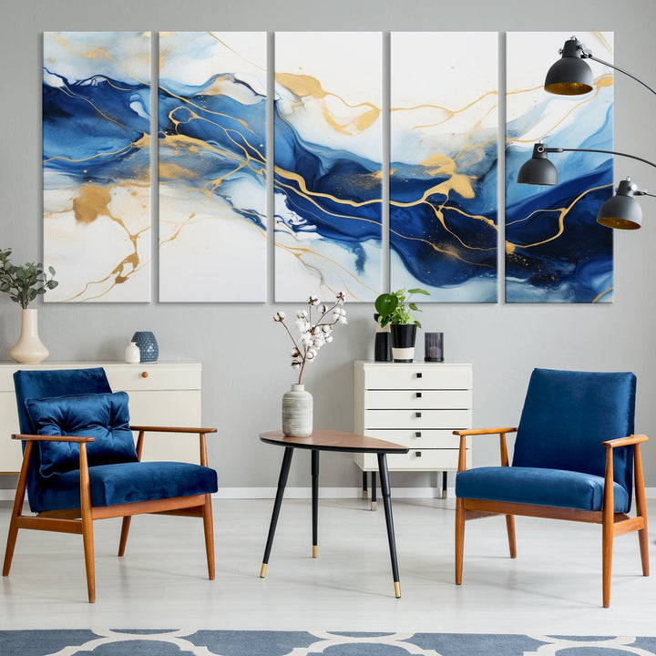 The Blue Abstract Wall Art is displayed as a triptych on museum-quality canvas, showcasing a blue and gold abstract design. The artwork includes a UV-protective coating to maintain its vibrancy and comes with the benefit of free shipping.