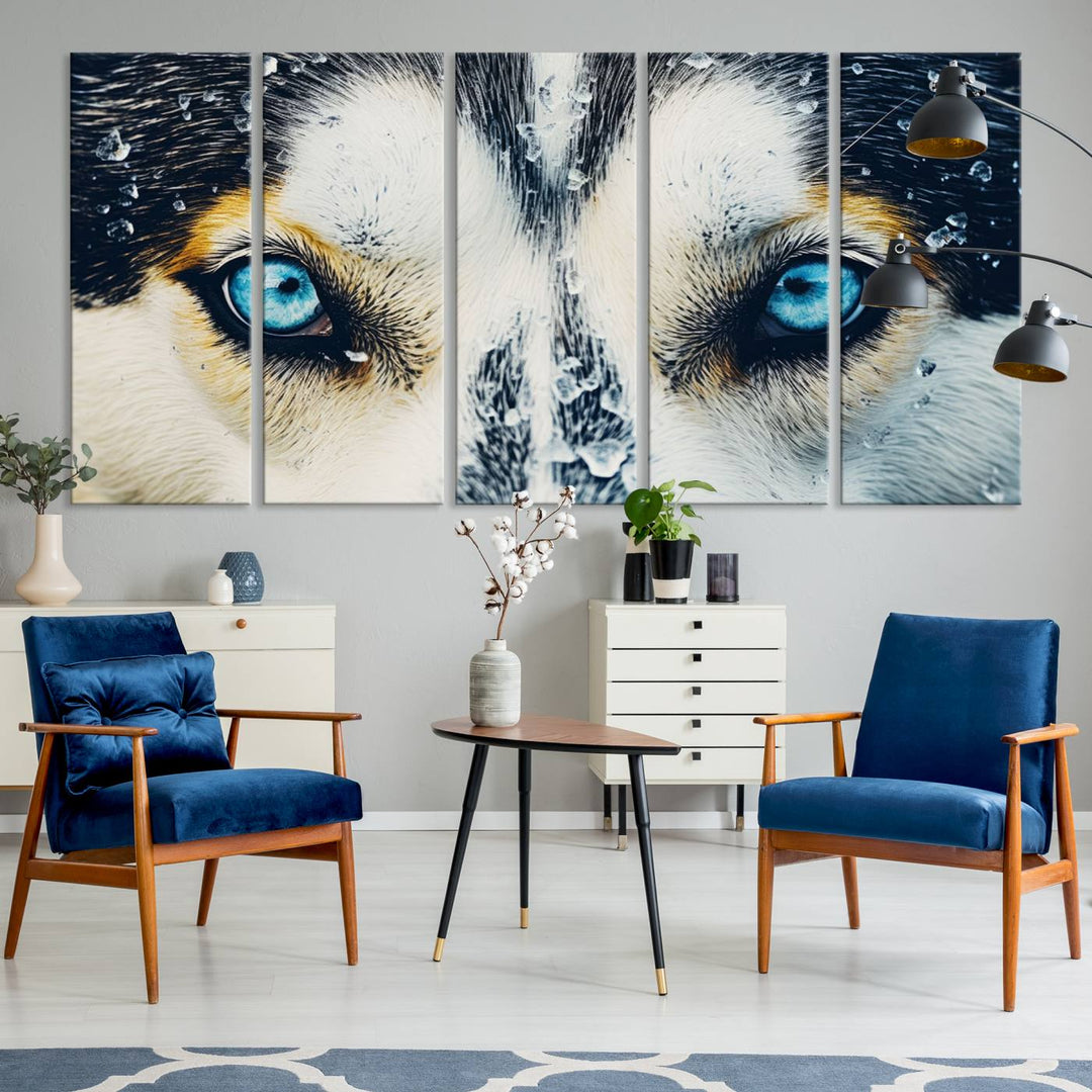 The captivating "Winter Siberian Husky Wolf EYE Wall Art Canvas Print" showcases the striking blue eyes of the animal portrait.