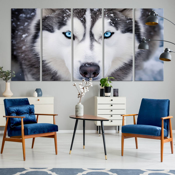 A large framed Winter Siberian Husky Wolf Wall Art Canvas Print, an exquisite piece of animal portrait decor, hangs prominently on the wall.