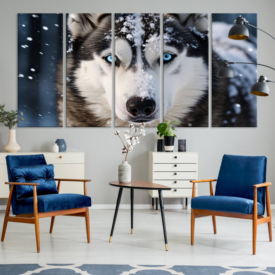 A digital art piece titled "Winter Siberian Husky Wolf Wall Art Canvas Print" showcases a blue-eyed husky blanketed in snow. Printed on high-quality canvas, it is an ideal choice for nature and dog enthusiasts.