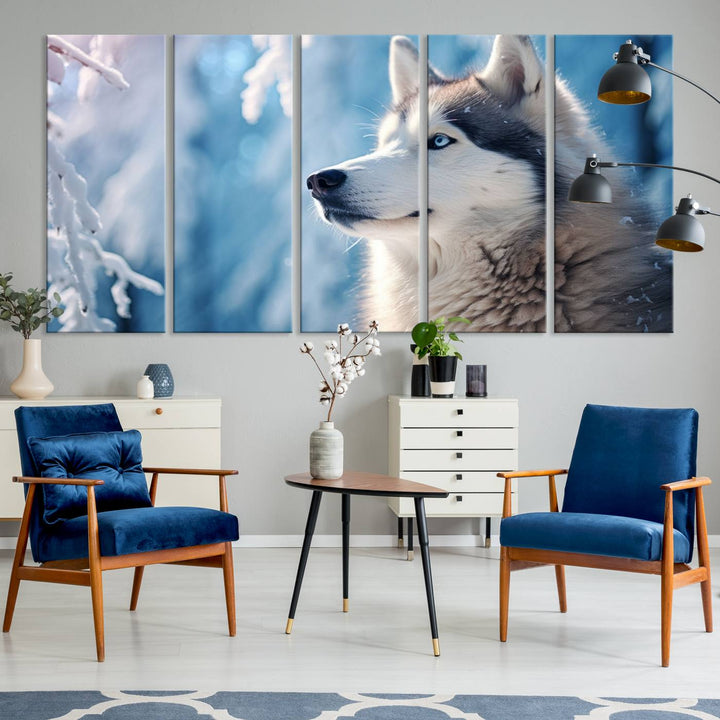 A captivating Winter Siberian Husky Wolf Wall Art Canvas Print hangs prominently.