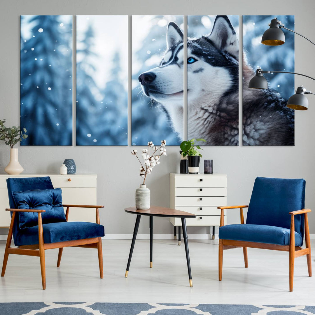 The "Winter Siberian Husky Wolf Wall Art Canvas Print" is elegantly displayed, enhancing the room's cozy ambiance in a snowy forest setting.