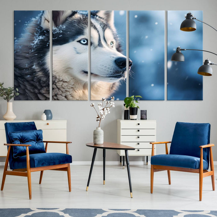 The space above the sofa features the Winter Siberian Husky Wolf Wall Art Canvas Print, creating a stunning snowy scene.