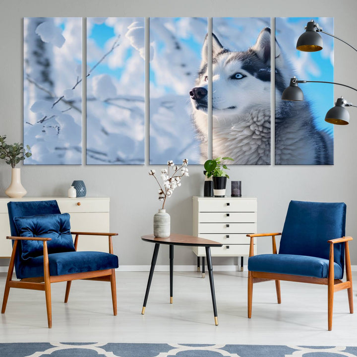 The Siberian Husky Art Canvas elegantly enhances the room.