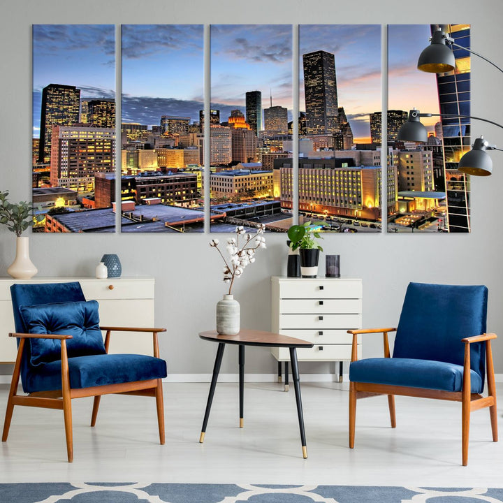 The modern living room features the Houston Wall Art Canvas Print on the wall. This professional craftsman framed masterpiece depicts a cityscape and is created with museum-quality polycotton canvas, ensuring a polished look that enhances its elegant charm.