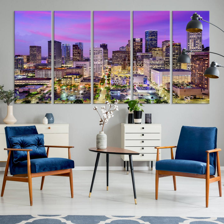 Houston Wall Art Canvas Print showcasing a vibrant cityscape at dusk on museum-quality canvas, expertly crafted by professional craftsmen.