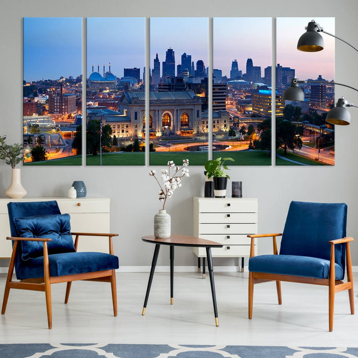 The Kansas City Skyline Canvas Wall Art Print hangs above, showcasing an iconic dusk cityscape with a historic building in the foreground, exuding urban sophistication.