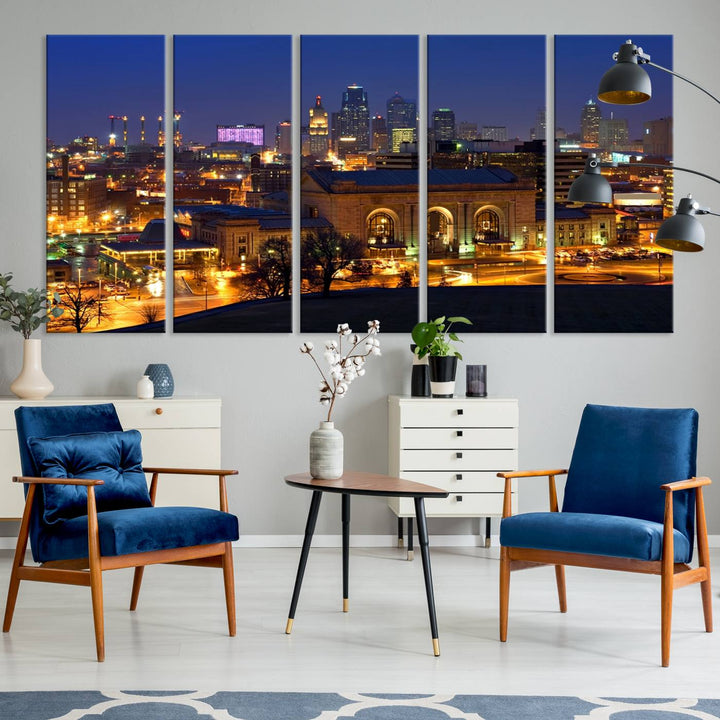 The Kansas City Night Canvas Print Wall Art creates a scene as captivating as museum-quality art, showcasing a city skyline at night with illuminated buildings.