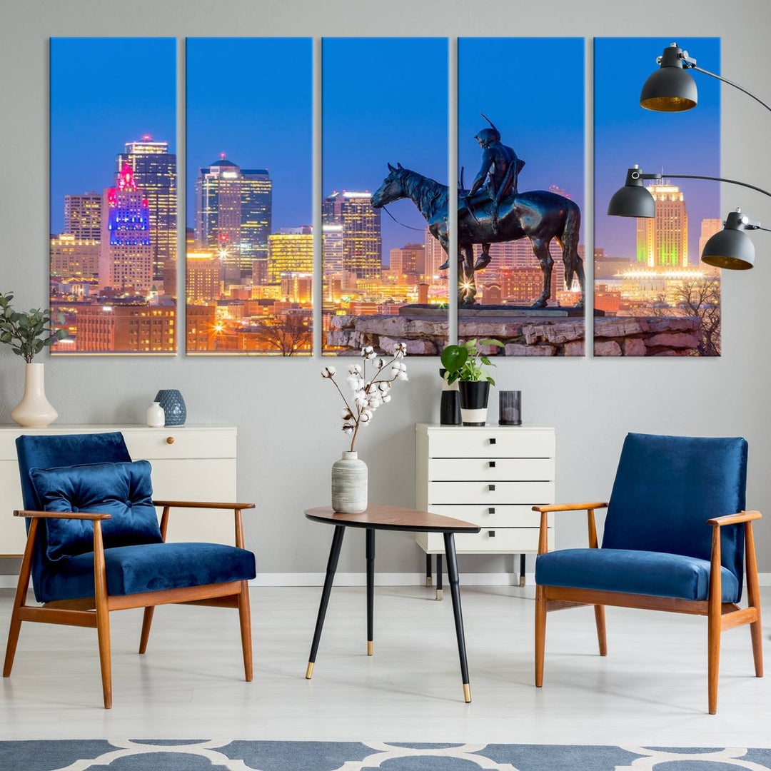 A large Kansas City Night Canvas Print Wall Art adorns the wall, gallery wrapped and finished with a UV-protective coating for lasting vibrancy.