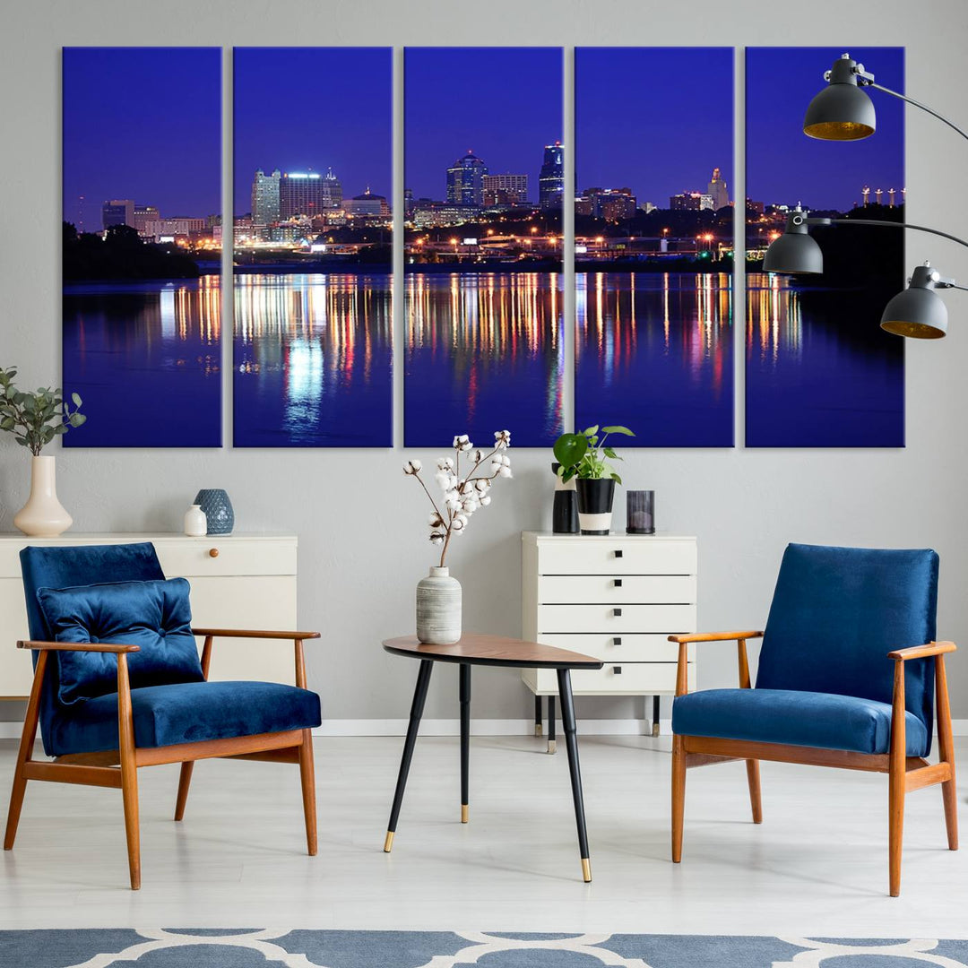 The Kansas City Night Canvas Print Wall Art captures the shimmering city skyline on the calm water, where every detail resembles a museum-quality polycotton masterpiece.