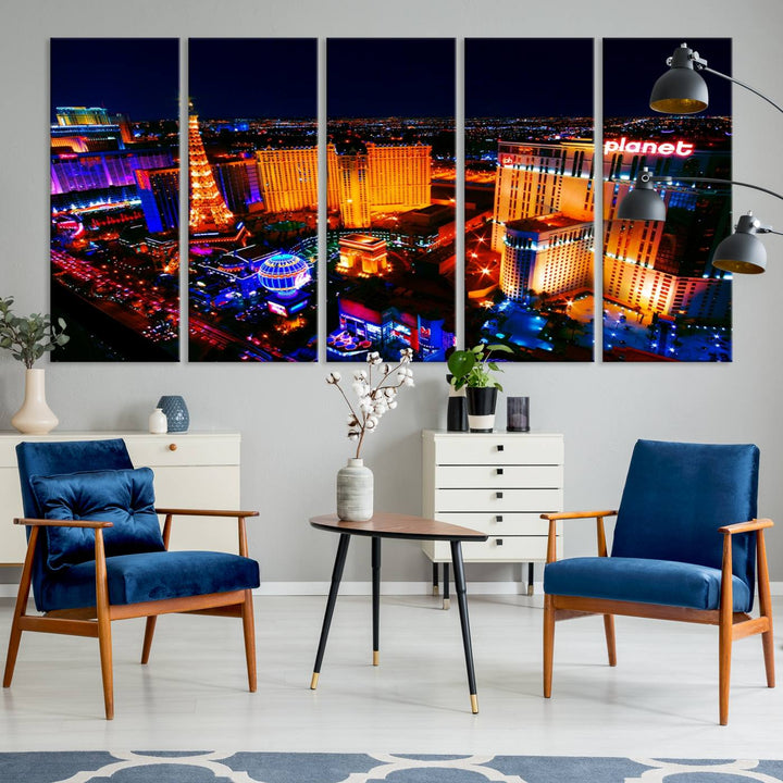 Las Vegas Wall Art Canvas Print showcases a dynamic and luminous cityscape at night with tall buildings and bustling streets. Expertly printed on museum-quality canvas, this gallery-wrapped artwork is enhanced with a UV-protective coating to ensure lasting brilliance.