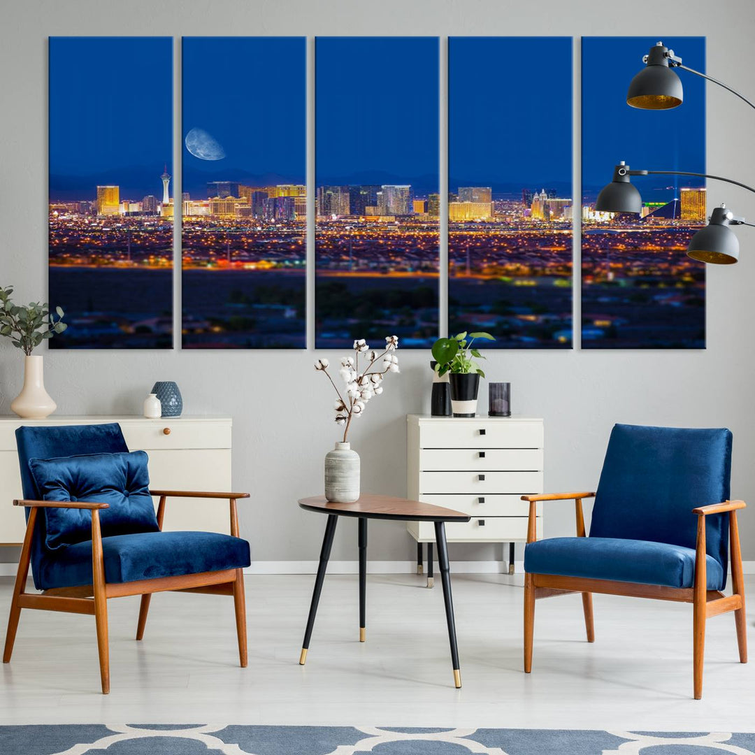 The Las Vegas Wall Art Canvas Print, depicting a city skyline at night, enhances a modern living room with its museum-quality canvas. This triptych comes ready to hang and boasts a UV-protective coating for lasting brilliance.