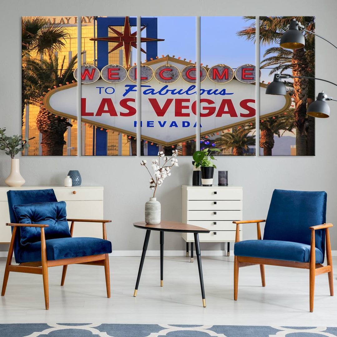 A Las Vegas Wall Art Canvas Print hangs on the wall, showcasing the iconic Welcome to Fabulous Las Vegas, Nevada sign. The museum-quality canvas guarantees vibrant colors with its UV-protective coating and is available with free shipping for added convenience.