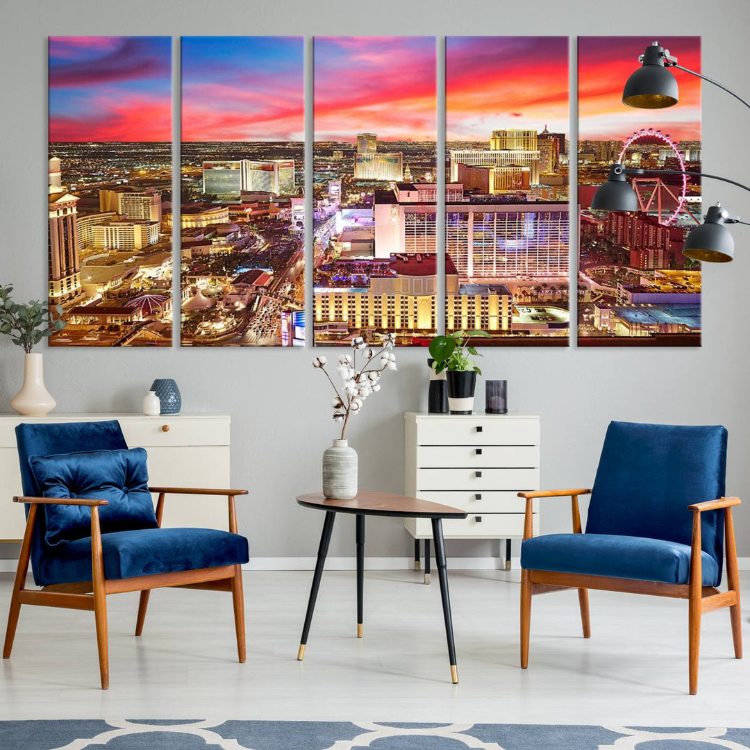 Las Vegas Wall Art Canvas Print depicting a vibrant cityscape at dusk on museum-quality canvas with a UV-protective coating, showcasing a skyline with colorful clouds.