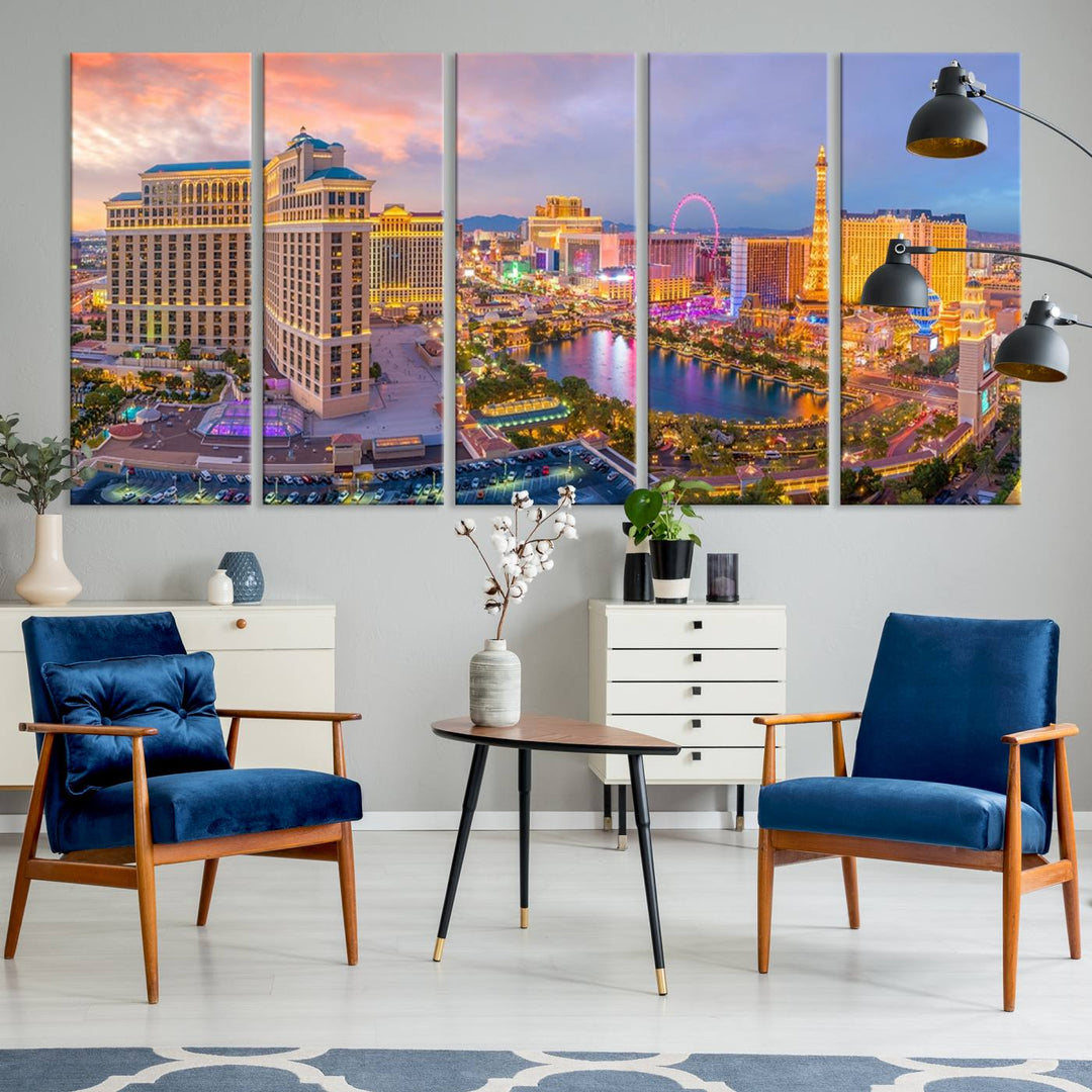 The gallery-wrapped triptych of the Las Vegas Wall Art Canvas Print, depicting the colorful skyline at sunset, adds a vibrant touch to the room. This artwork is crafted on museum-quality canvas and features a UV-protective coating for lasting durability.