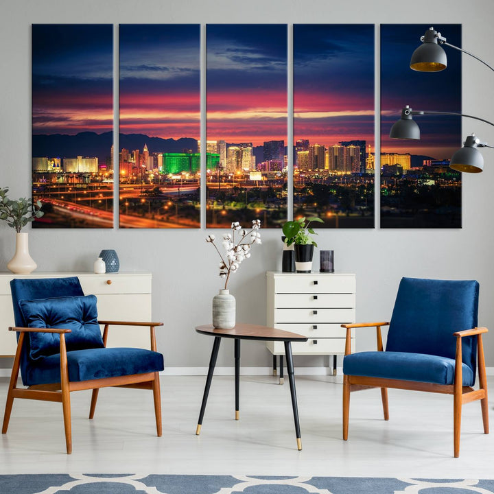 The living room is adorned with the Las Vegas Wall Art Canvas Print, a triptych showcasing a cityscape at sunset. This piece is crafted on museum-quality canvas and protected by a UV-coated finish, highlighting the craftsmanship of a skilled professional.