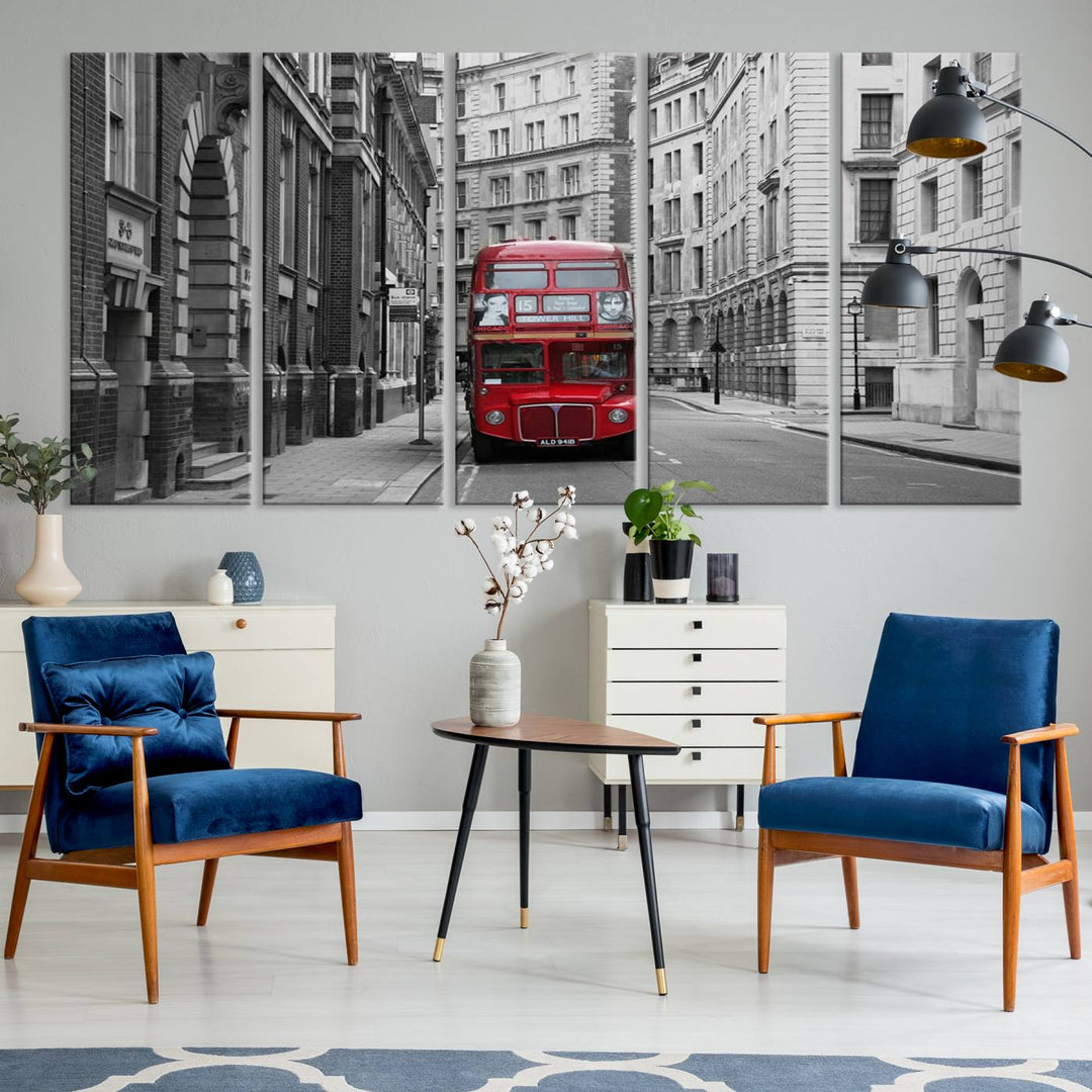 The living room features museum-quality London Red Bus Wall Art, showcasing a split canvas print of a red bus on a black and white city street. This artwork is ready to hang and includes a UV-protective coating to ensure long-lasting vibrance.