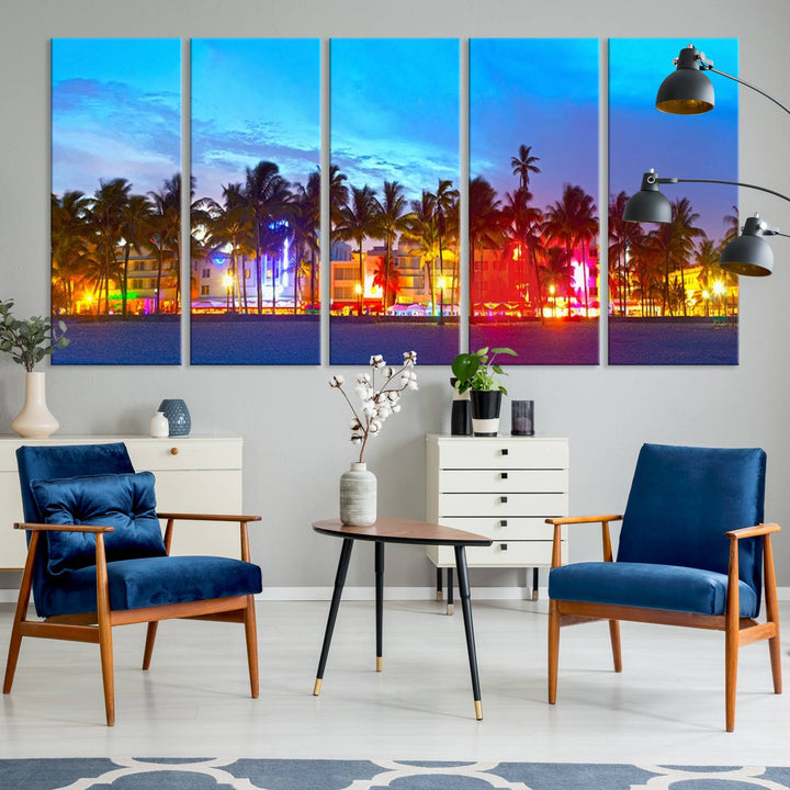 The living room features a three-panel Miami City Wall Art Canvas Print, showcasing a colorful, illuminated beach scene with palm trees on museum-quality canvas.