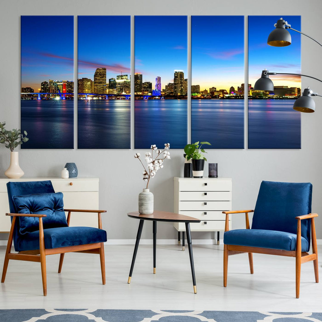 The living room features a Miami City Wall Art Canvas Print—a gallery-wrapped triptych displaying a city skyline at dusk, adding museum-quality elegance to the space.