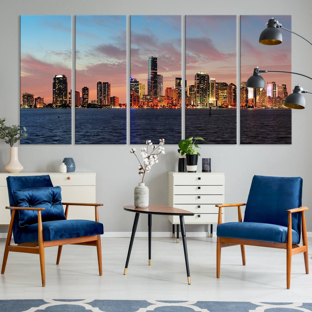 The Wall Art MIAMI Canvas Print emphasizes a vibrant cityscape at sunset. This artwork is presented on museum-quality canvas with gallery-wrapped edges, ensuring it stands out while maintaining its pristine condition for years to come.