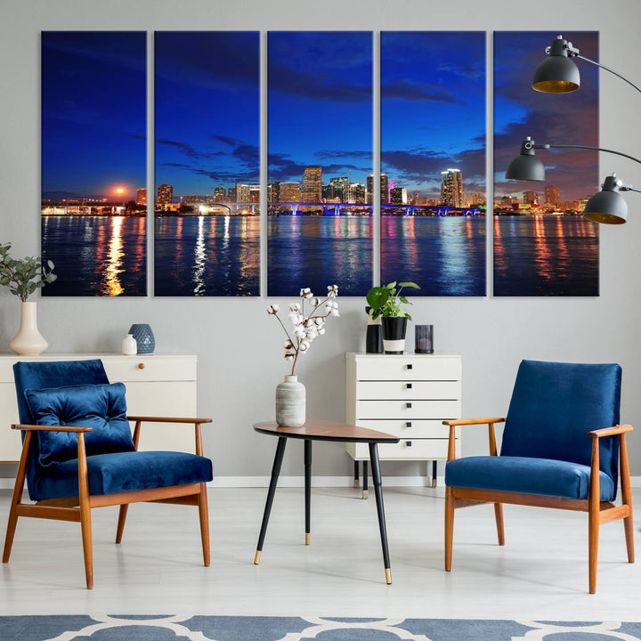 A large Miami City View Wall Art Canvas Print featuring the Miami City Skyline Panorama at night is displayed above the dresser.