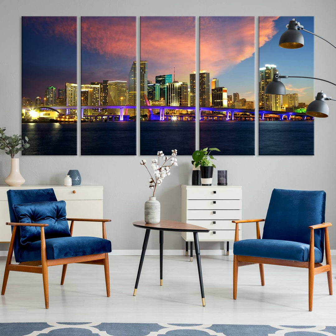 The modern living room is enhanced by the "Miami City Wall Art Canvas Print," a stunning triptych portraying a city skyline at sunset. These canvases are gallery wrapped and made from museum-quality materials, featuring a UV-protective coating to ensure lasting vibrancy.