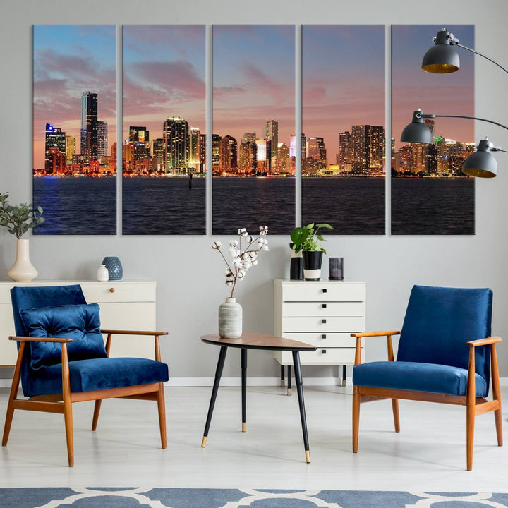 The living room features a gallery-wrapped triptych of the Miami City Wall Art Canvas Print above the sofa.