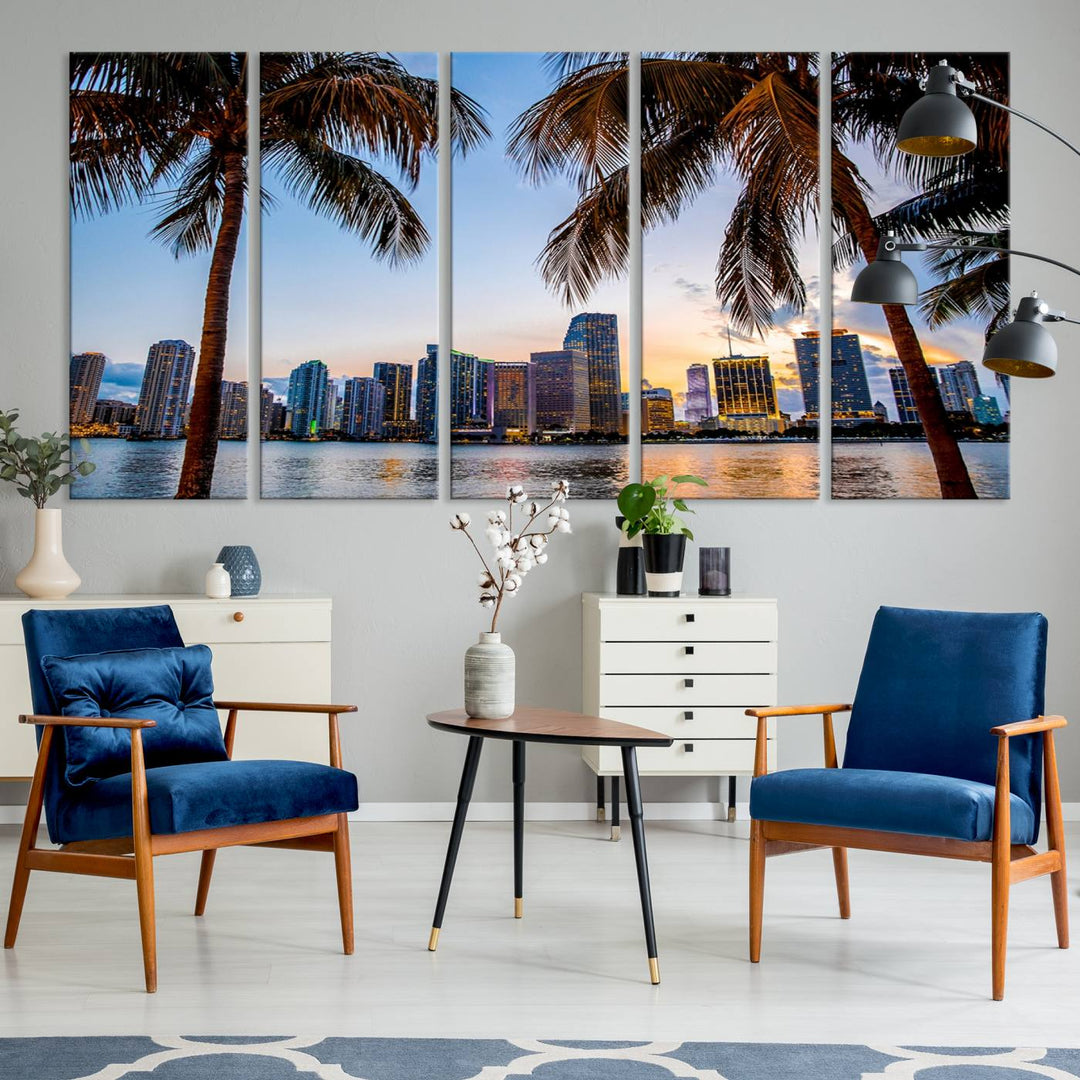 The Wall Art MIAMI Canvas Print features a triptych design depicting palm trees and a city skyline at sunset.