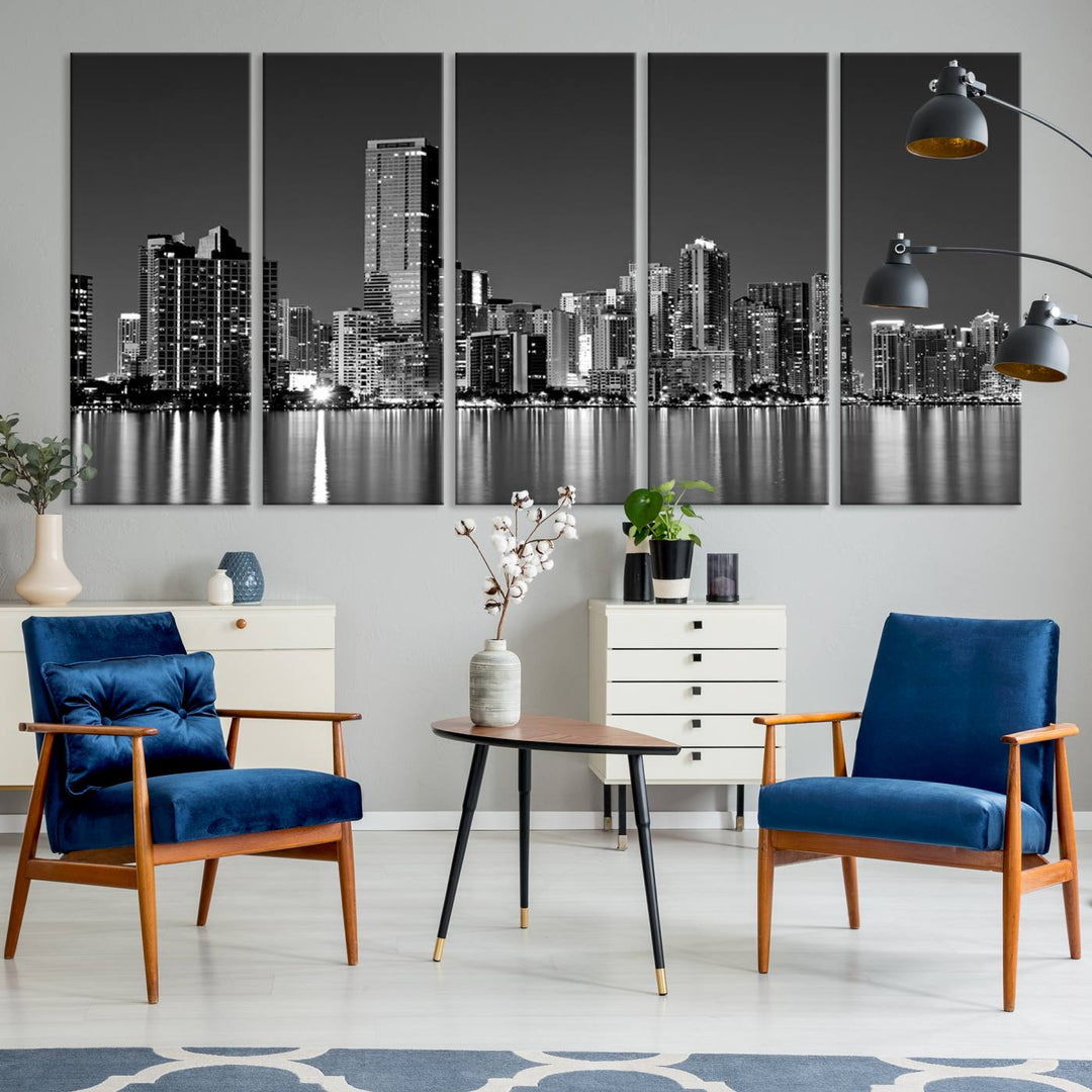 The Miami City Wall Art Canvas Print, a stunning triptych of the Miami skyline, elegantly hangs in this modern living room.