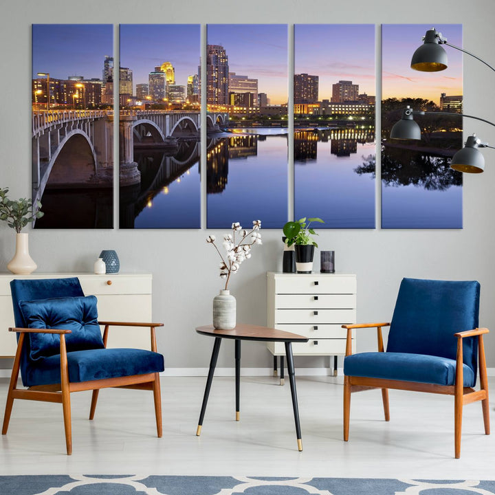 Display the Minneapolis Wall Art Canvas Print, featuring the Minnesota cityscape at dusk, on gallery-wrapped, museum-quality canvas.