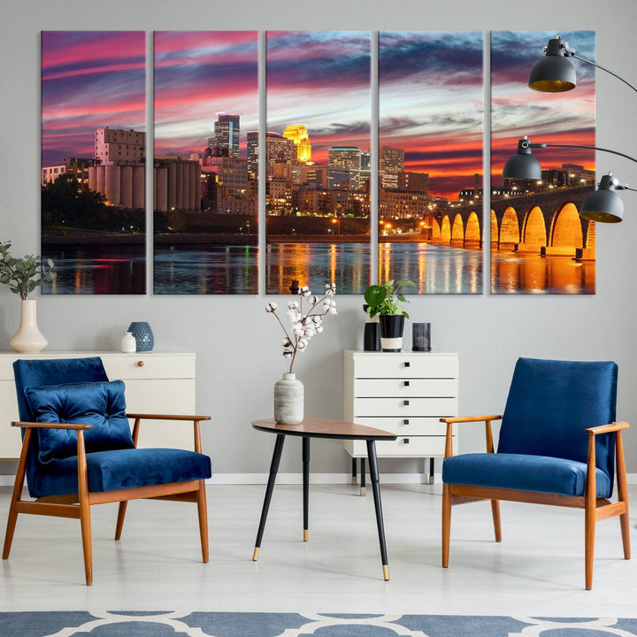 The "Minneapolis Wall Art Canvas Print, Minnesota City Wall Art Print, Minnesota Cityscapes Wall Art" features a city skyline at sunset in museum-quality canvas prints. Transform your living space into a gallery with this stunning piece and enjoy free shipping.