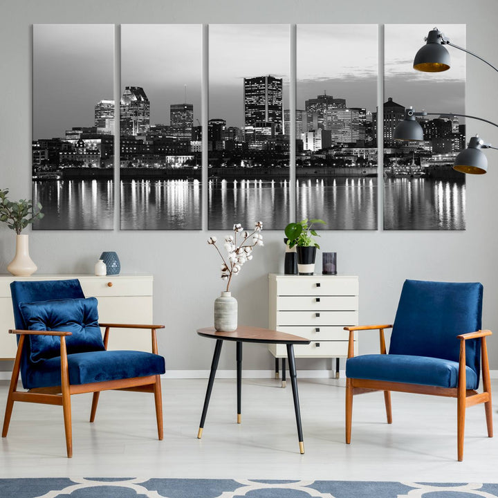 The "Montreal Canada City Wall Art," a black and white triptych of a city skyline at night, elegantly captures the reflections in water.