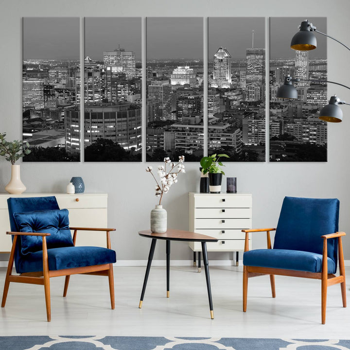 The gallery-wrapped, museum-quality canvas print features the Montreal Canada City Wall Art, showcasing a cityscape at night in black and white.