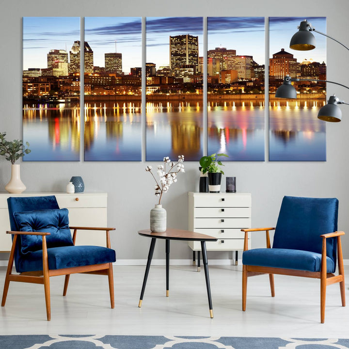 A Montreal Canada City Wall Art Canvas Print, depicting the cityscape at dusk and reflecting in calm waters, is crafted with museum-quality canvases and a UV-protective coating. This remarkable piece guarantees vibrant colors that remain stunning and ready to hang for years to come.