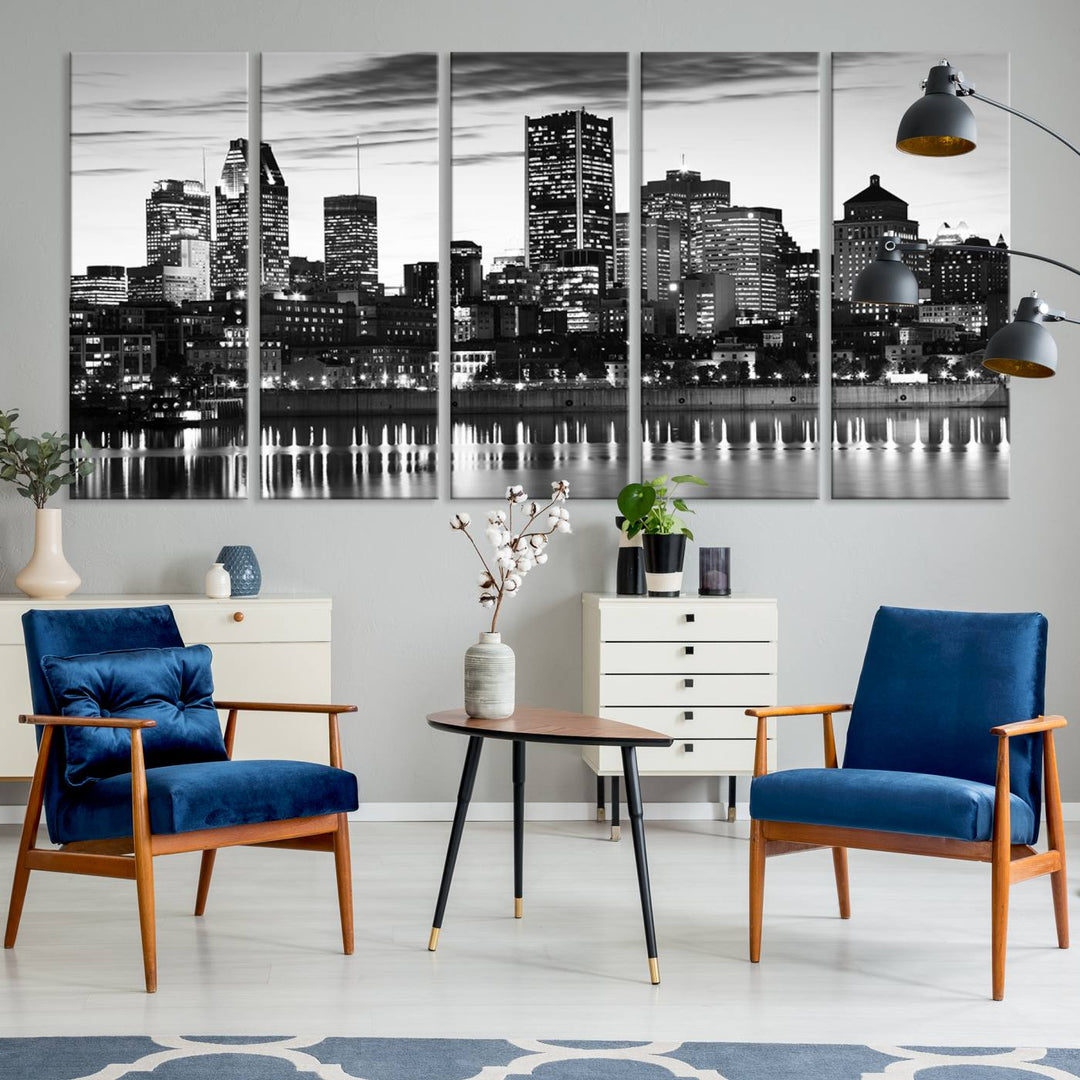 The contemporary living room features the Montreal Canada City Wall Art Canvas Print, an elegantly gallery-wrapped triptych on museum-quality canvas, prominently hung above.