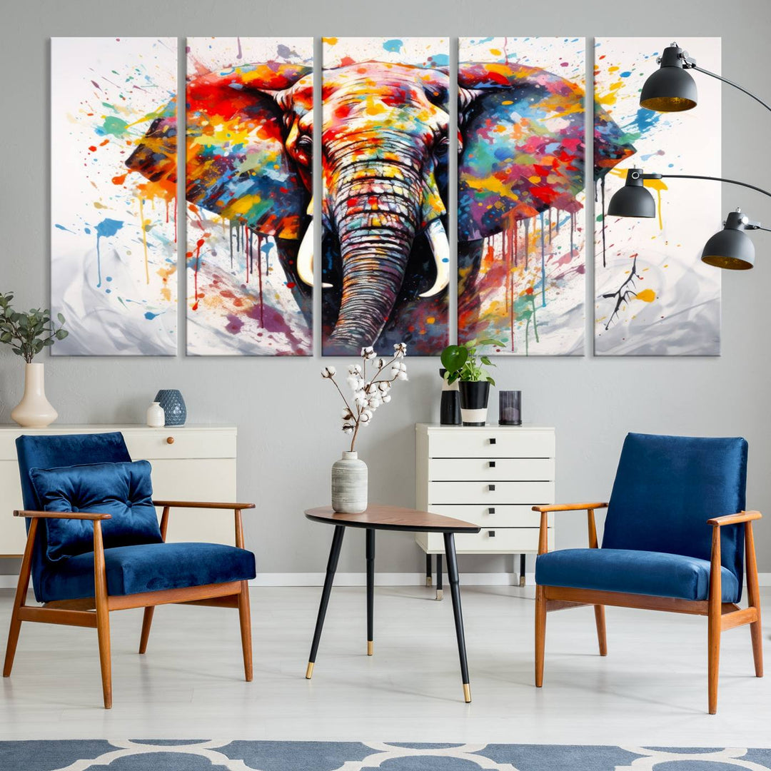 Impresión en lienzo de arte abstracto de pared de elefante de acuarela para decoración moderna del hogar, oficina, sala de estar y comedor