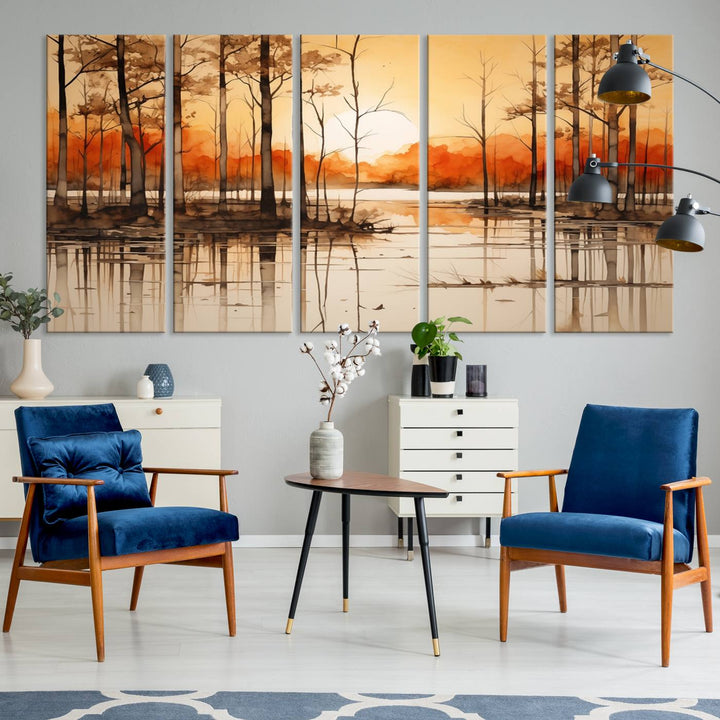 An Abstract Watercolor Trees and Sunset on Lake Wall Art Canvas Print, created on museum-quality canvas.