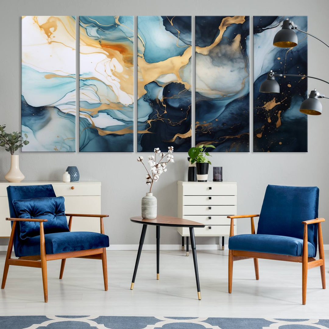 The living room is enhanced by the Marble Fluid Abstract Wall Art Canvas Print, which adds a touch of sophistication.