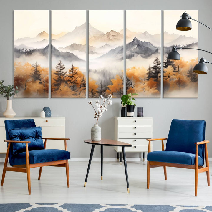 Art mural abstrait aquarelle montagnes et arbres automne