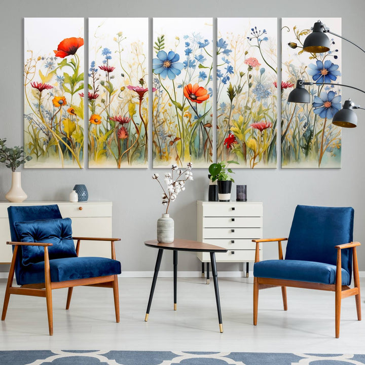 The Colorful Wildflower Canvas Wall Art – Vibrant Floral Botanical Print, consisting of a large 3 panel set, adds bright nature decor to the living room against a black wall.