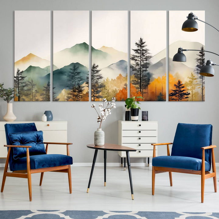 The Abstract Watercolor Mountains and Trees Autumn Wall Art, crafted on museum-quality canvas, decorates the space with its stunning triptych design. This wall art features autumn-colored mountains and trees, expertly gallery wrapped for a seamless and elegant addition to your living room.