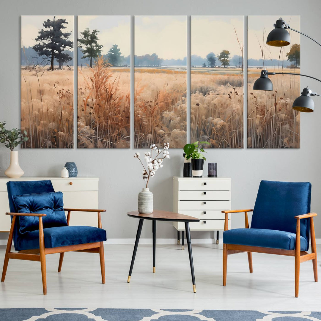 The Golden Fields Canvas Wall Art Print, a serene depiction of nature's tranquility in minimalist modern decor style, graces the wall with its calming presence.