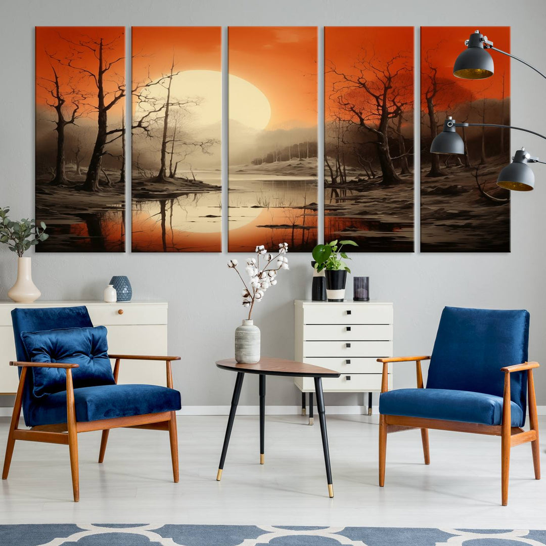 The "Abstract Watercolor Trees and Sunset on Lake Wall Art" is a triptych masterpiece, showcasing an orange-hued landscape of barren trees and a large sun. Displayed on museum-quality canvases with UV-protective coating, it creates a striking visual element in any space.