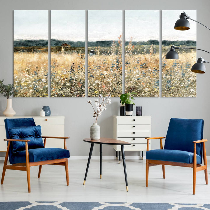 The "Wildflower Field Wall Art Canvas" brings rustic charm to the room with its nature-inspired landscape print, making it a perfect addition to the living room or office.