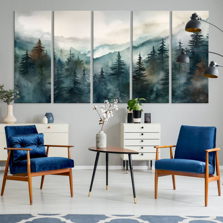 A set of Serenity Forest Wall Art Canvas prints, showcasing foggy mountain landscapes, is displayed in the living room.